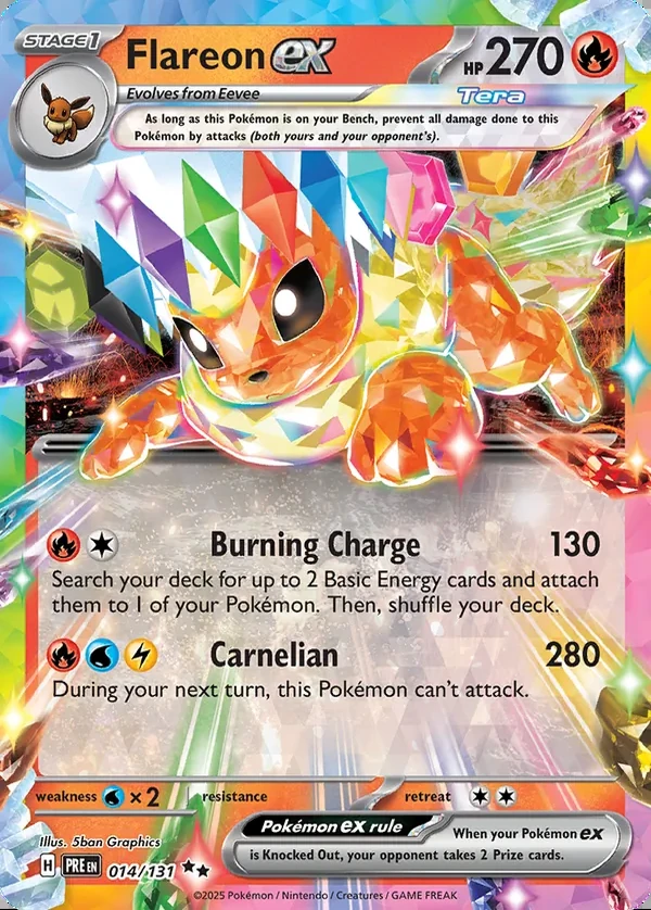 Flareon 014/131, Prismatic Evolutions English Print with "Play! Pokémon" stamp, card art reference