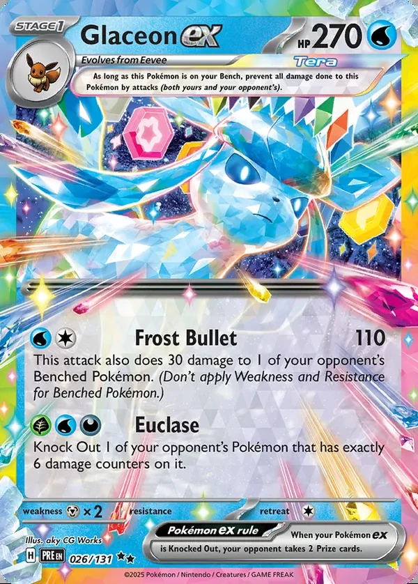 Glaceon 026/131, Prismatic Evolutions English Print with "Play! Pokémon" stamp, card art reference