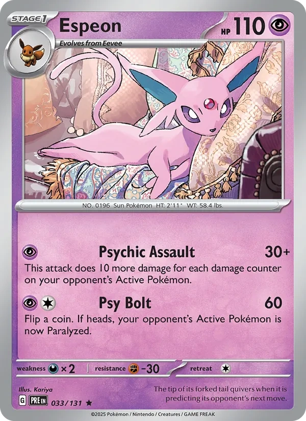 Espeon 033/131, Prismatic Evolutions English Cosmos Holofoil, card art reference