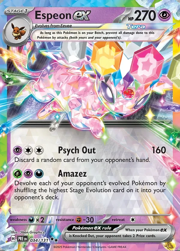 Espeon 034/131, Prismatic Evolutions English Print with "Play! Pokémon" stamp, card art reference