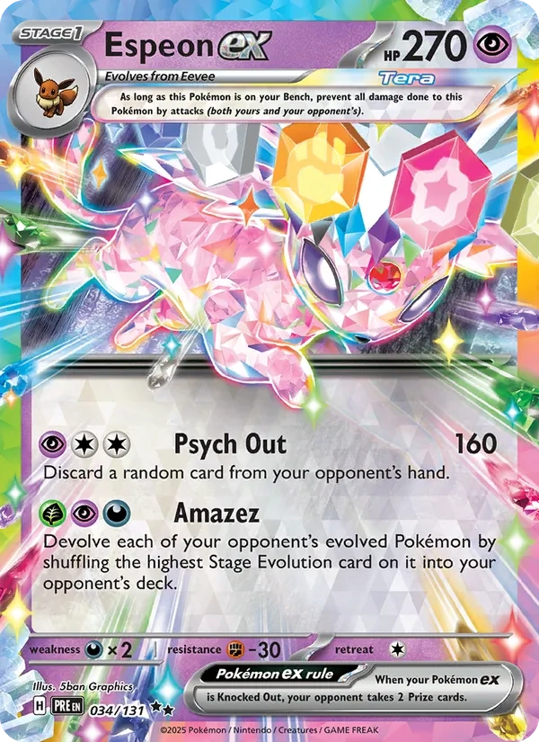 Espeon ex 034/131, Prismatic Evolutions English Stamped "Prismatic Evolutions" print, card art reference