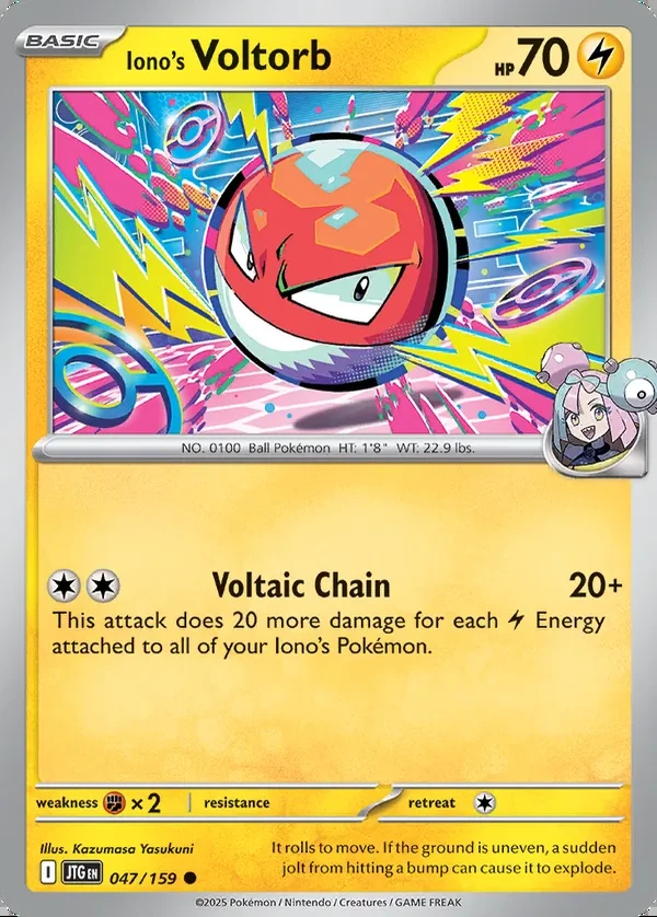 Iono's Voltorb 047/159, Journey Together English Print with "Play! Pokémon" stamp, card art reference