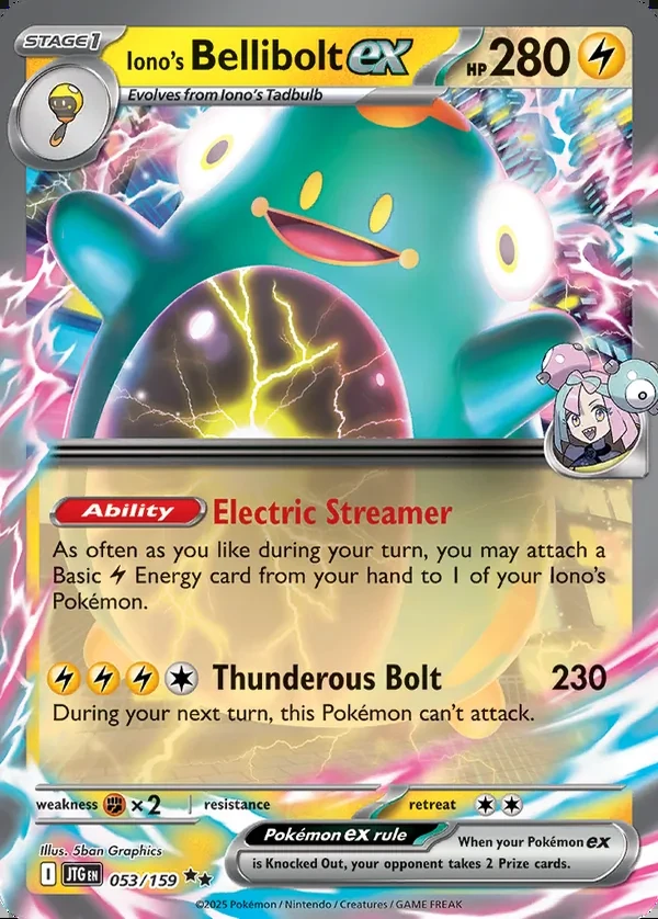 Iono's Bellibolt 053/159, Journey Together English Print with "Play! Pokémon" stamp, card art reference