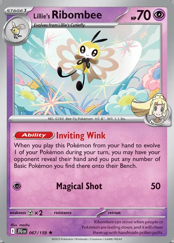 Lillie's Ribombee 067/159, Journey Together English Print with "Play! Pokémon" stamp, card art reference