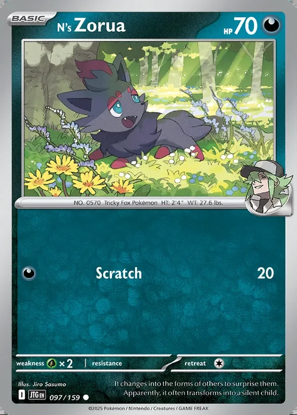 N's Zorua 097/159, Journey Together English Print with "Play! Pokémon" stamp, card art reference