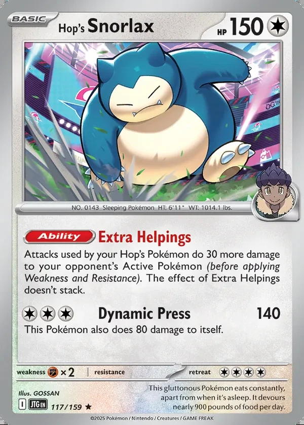 Hop's Snorlax 117/159, Journey Together English Print with "Play! Pokémon" stamp, card art reference