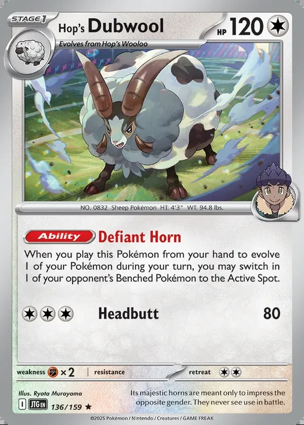 Hop's Dubwool 136/159, Journey Together English Print with "Play! Pokémon" stamp, card art reference