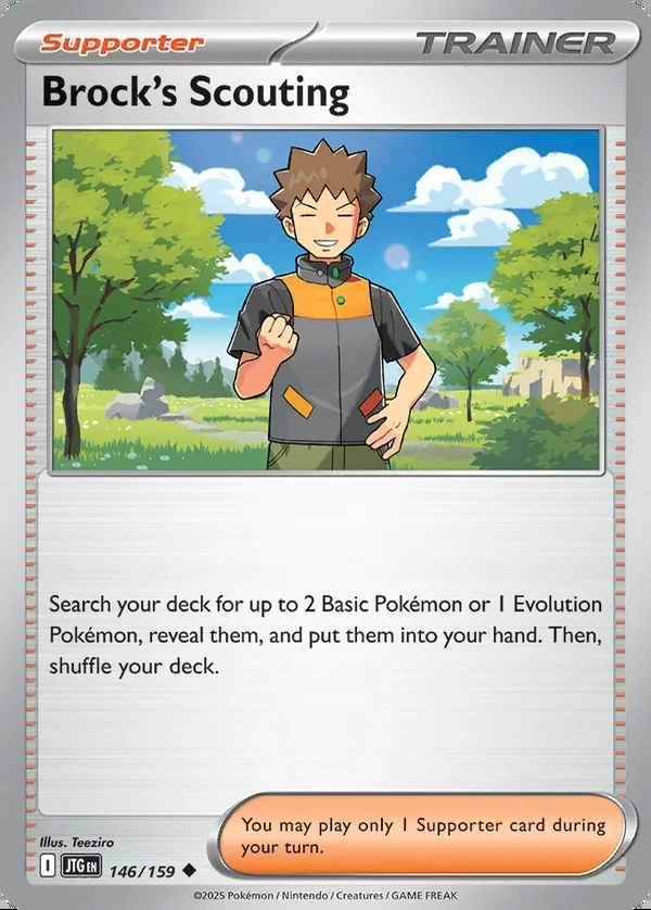 Brock's Scouting 146/159, Journey Together English Print with "Play! Pokémon" stamp, card art reference
