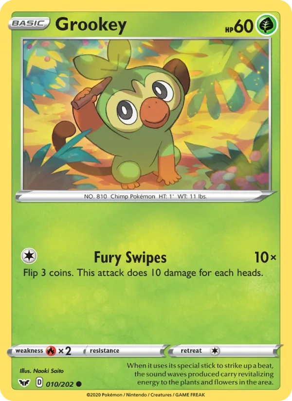 Grookey 010/202, Sword & Shield English Cosmos Holofoil, card art reference