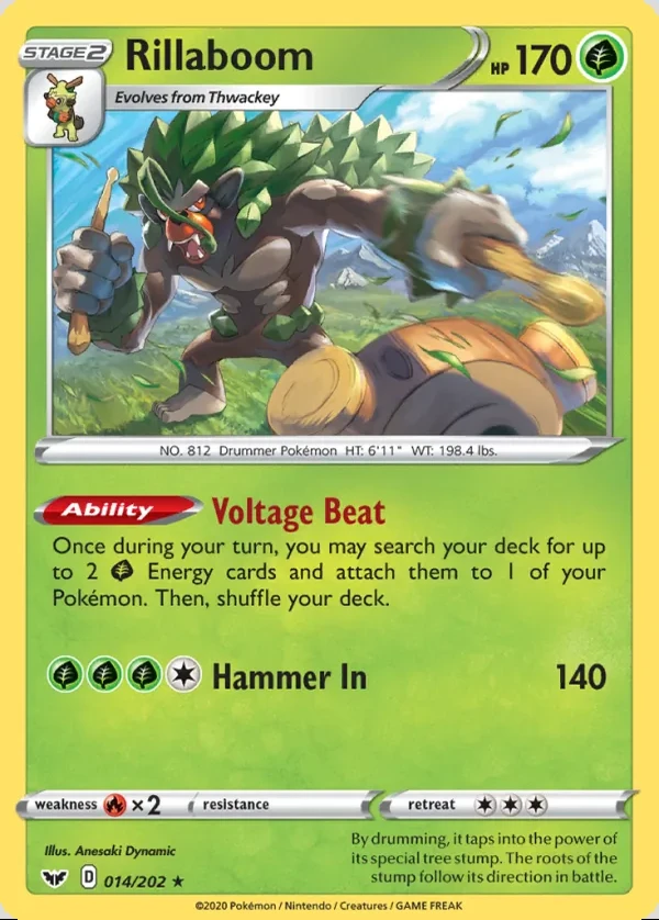 Rillaboom 014/202, Sword & Shield English Print with "Play! Pokémon" stamp, card art reference