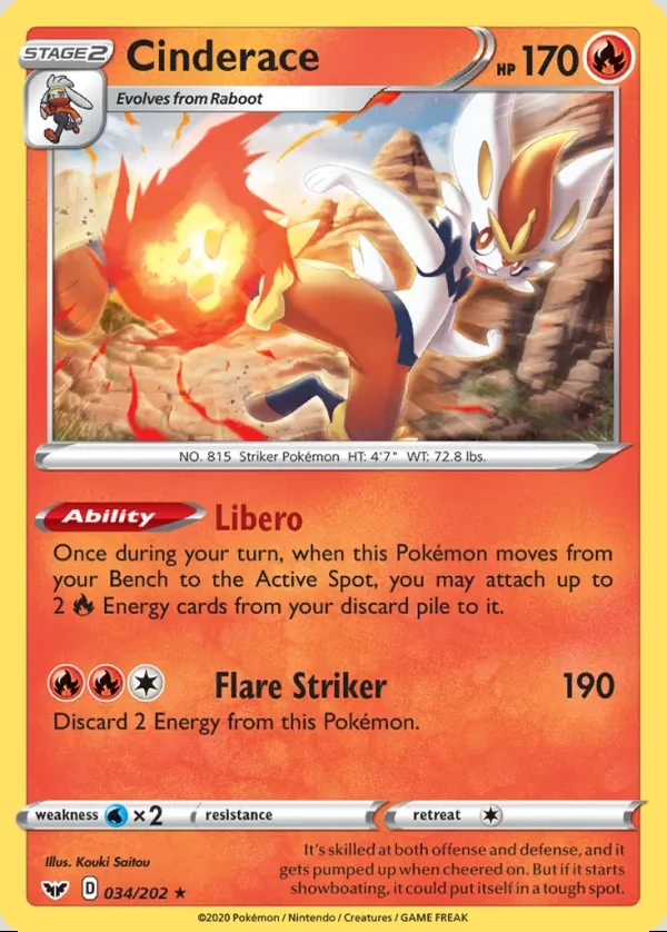 Cinderace 034/202, Sword & Shield English Print with "Play! Pokémon" stamp, card art reference