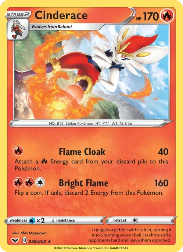 Cinderace 036/202, Sword & Shield English Cracked Ice Holofoil, card art reference