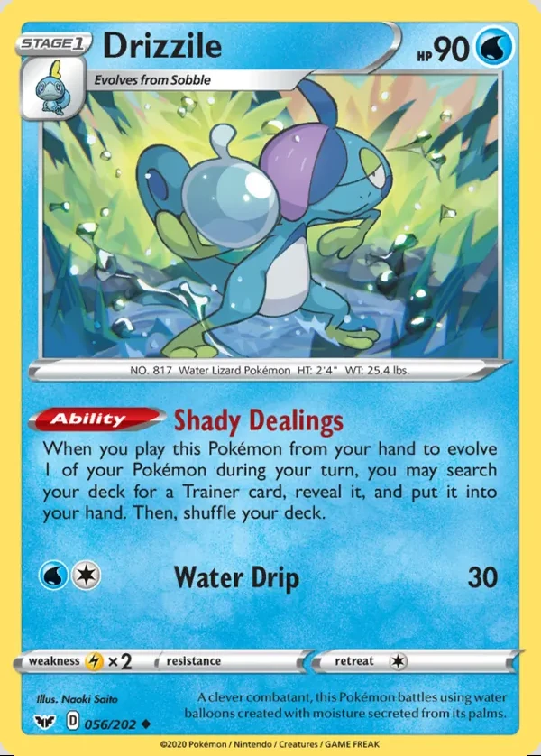Drizzile 056/202, Sword & Shield English Print with "Play! Pokémon" stamp, card art reference