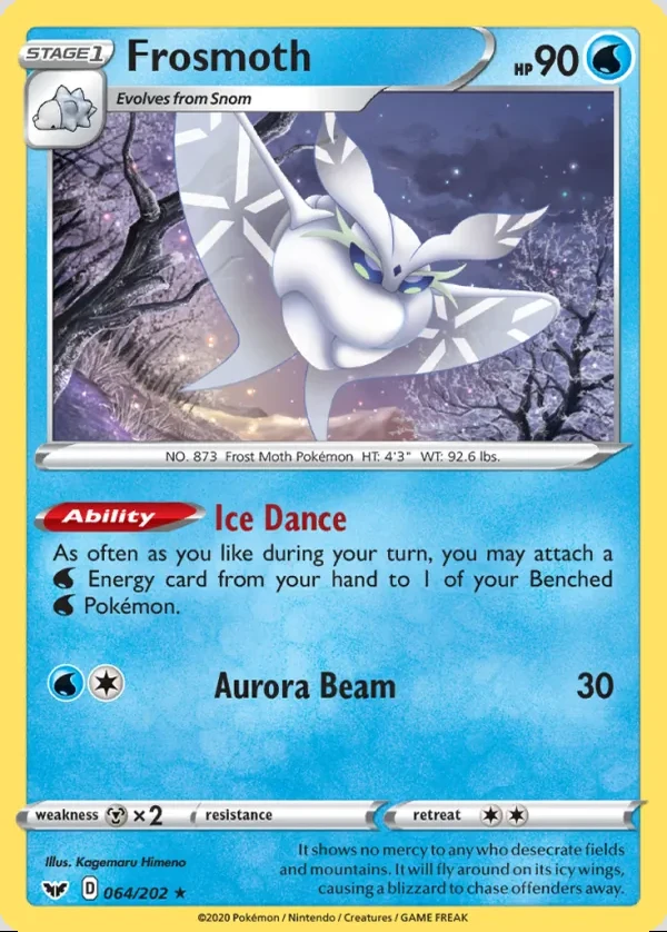 Frosmoth 064/202, Sword & Shield English Print with "Play! Pokémon" stamp, card art reference
