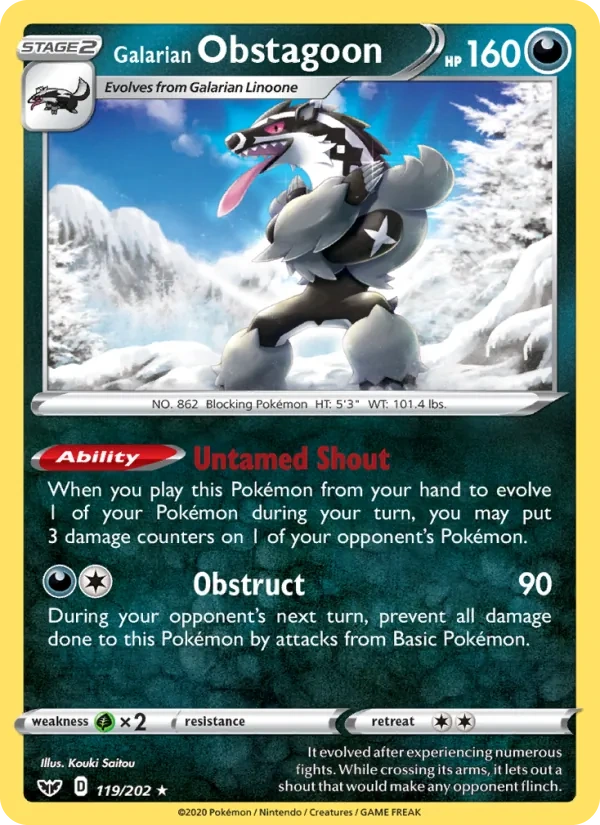 Galarian Obstagoon 119/202, Sword & Shield English Cosmos Holofoil, card art reference