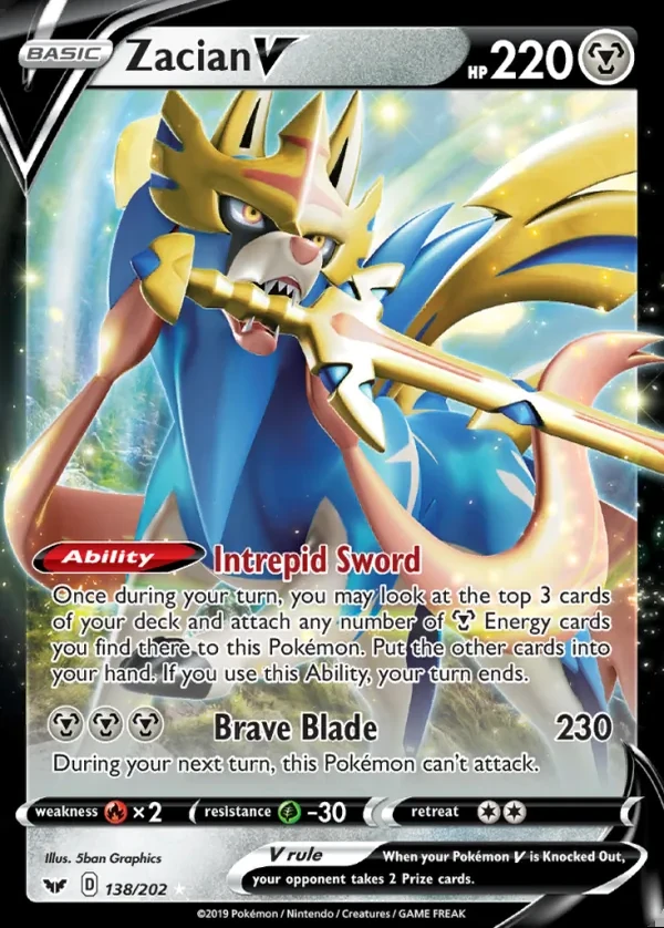 Zacian 138/202, Sword & Shield English Print with "Play! Pokémon" stamp, card art reference