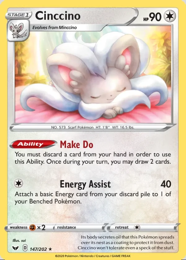 Cinccino 147/202, Sword & Shield English Print with "Play! Pokémon" stamp, card art reference