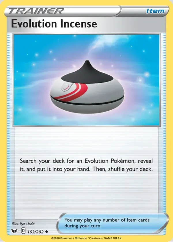 Evolution Incense 163/202, Sword & Shield English Print with "Play! Pokémon" stamp, card art reference