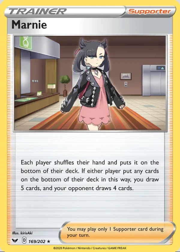 Marnie 169/202, Sword & Shield English Print with "Play! Pokémon" stamp, card art reference