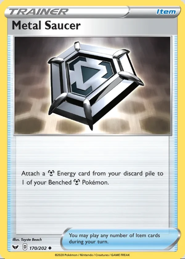 Metal Saucer 170/202, Sword & Shield English Print with "Play! Pokémon" stamp, card art reference