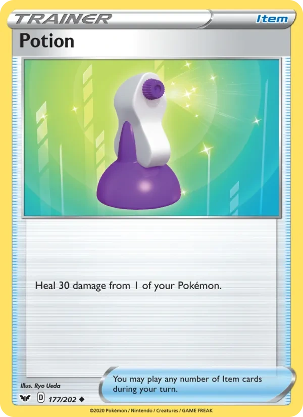 Potion 177/202, Sword & Shield English "18" Pikachu Deck stamp print, card art reference