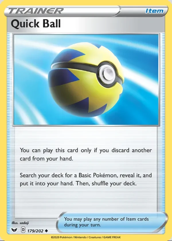 Quick Ball 179/202, Sword & Shield English Print with "Play! Pokémon" stamp, card art reference