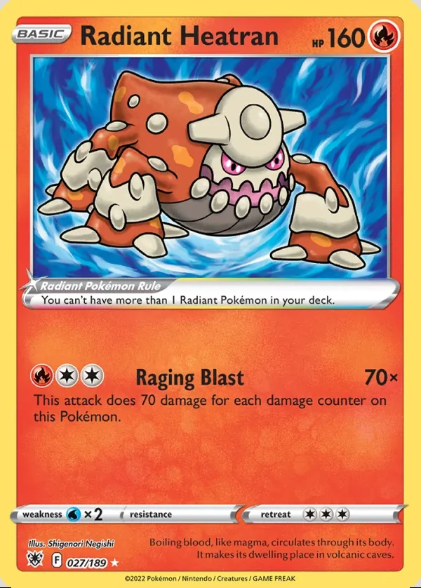 Radiant Heatran 027/189, Astral Radiance English Print with "Play! Pokémon" stamp, card art reference