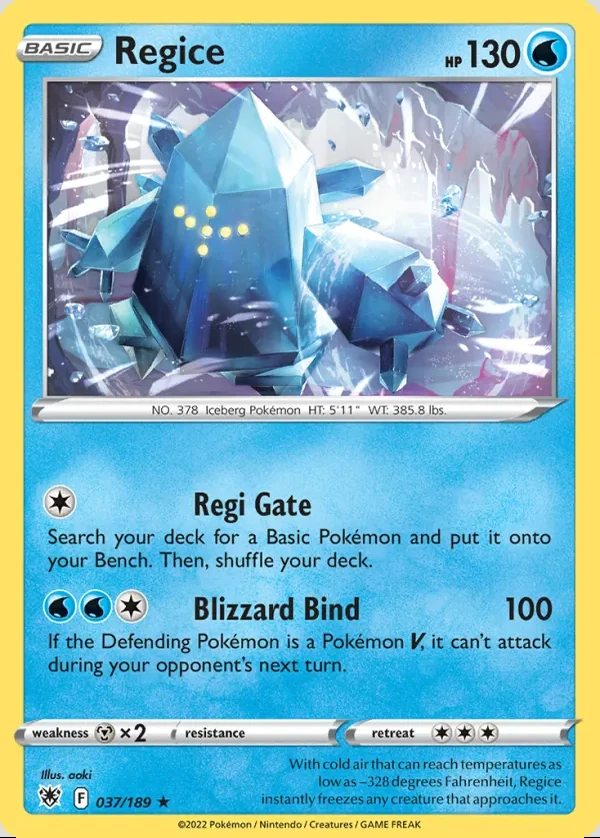 Regice 037/189, Astral Radiance English Print with "Play! Pokémon" stamp, card art reference