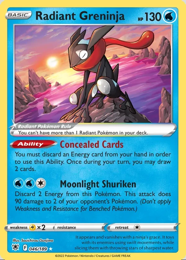 Radiant Greninja 046/189, Astral Radiance English Print with "Play! Pokémon" stamp, card art reference