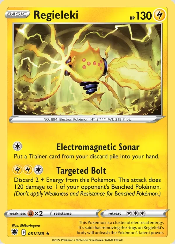 Regieleki 051/189, Astral Radiance English Print with "Play! Pokémon" stamp, card art reference