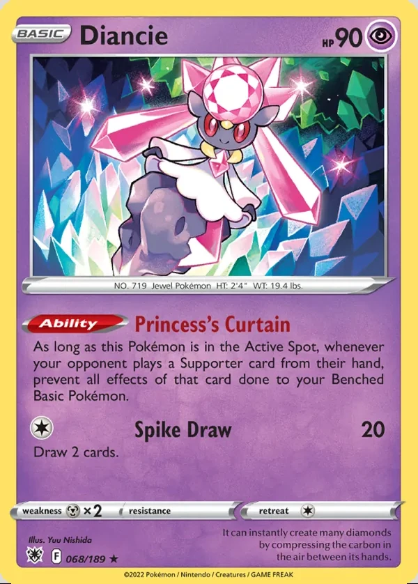 Diancie 068/189, Astral Radiance English Print with "Play! Pokémon" stamp, card art reference