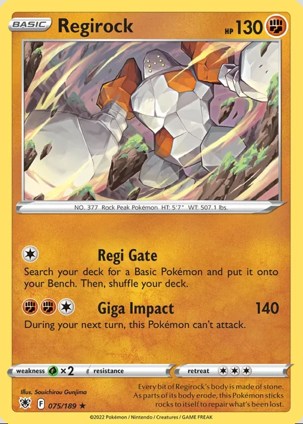 Regirock 075/189, Astral Radiance English Print with "Play! Pokémon" stamp, card art reference