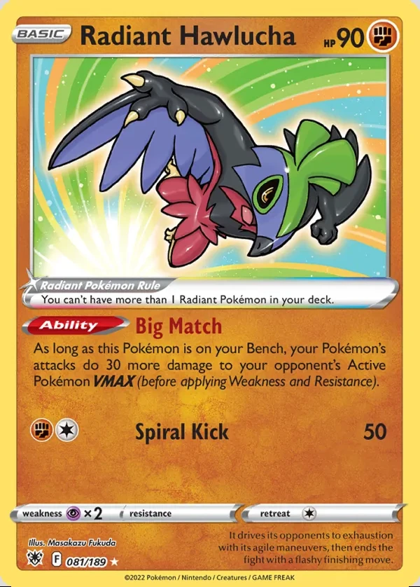 Radiant Hawlucha 081/189, Astral Radiance English Print with "Play! Pokémon" stamp, card art reference
