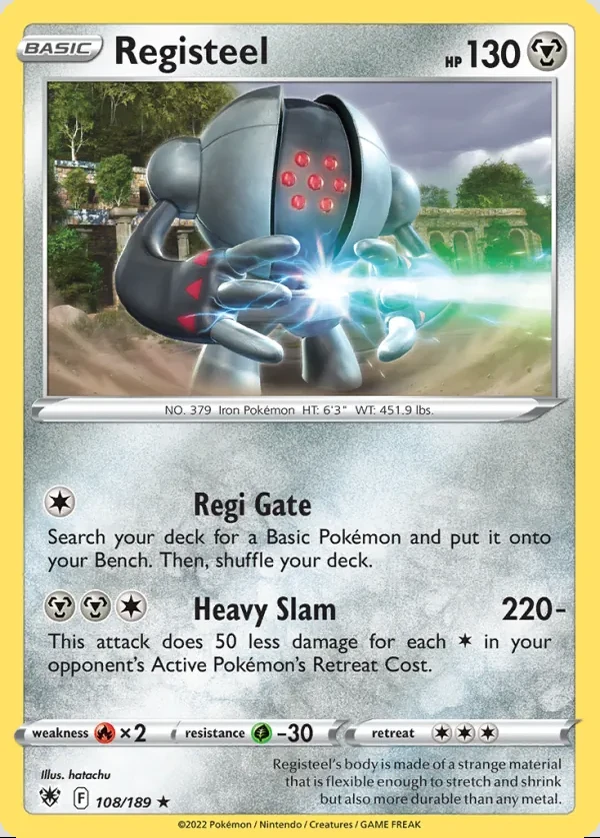 Registeel 108/189, Astral Radiance English Print with "Play! Pokémon" stamp, card art reference