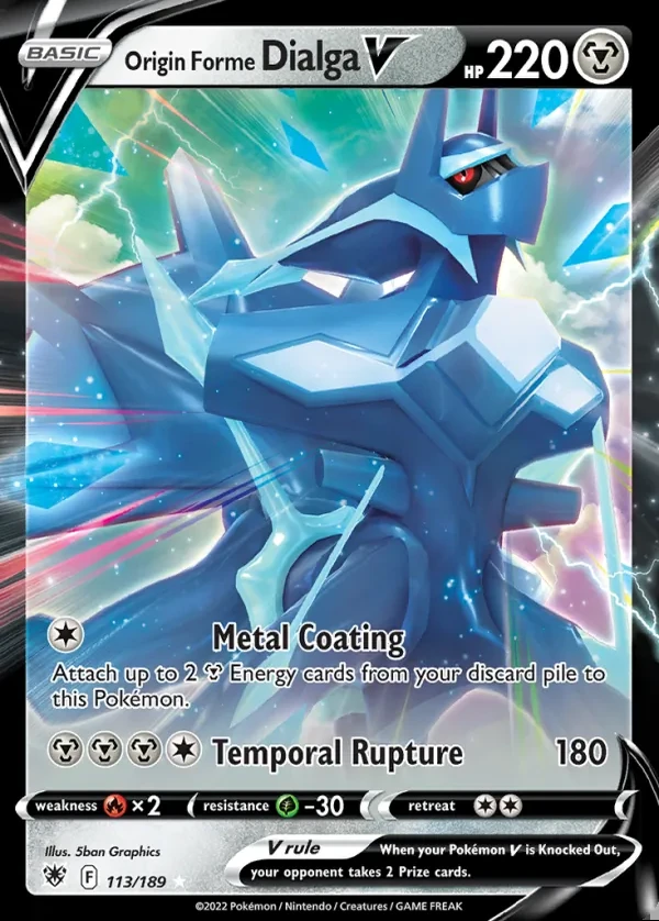 Origin Forme Dialga 113/189, Astral Radiance English Print with "Play! Pokémon" stamp, card art reference