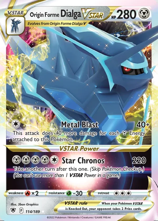 Origin Forme Dialga 114/189, Astral Radiance English Print with "Play! Pokémon" stamp, card art reference