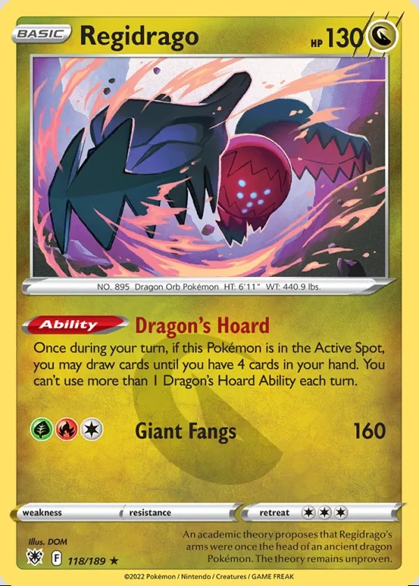 Regidrago 118/189, Astral Radiance English Print with "Play! Pokémon" stamp, card art reference