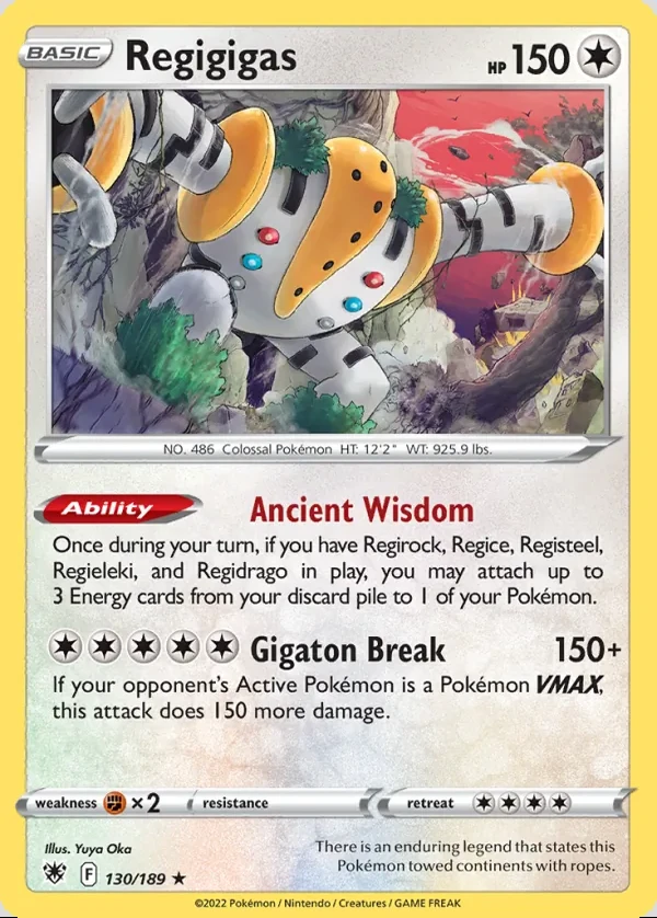Regigigas 130/189, Astral Radiance English Print with "Play! Pokémon" stamp, card art reference