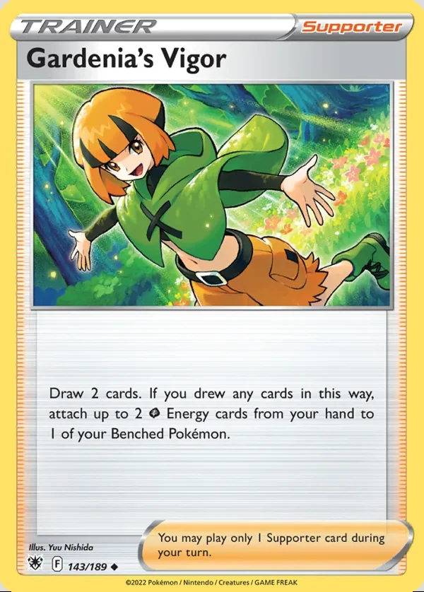 Gardenia's Vigor 143/189, Astral Radiance English Print with "Play! Pokémon" stamp, card art reference