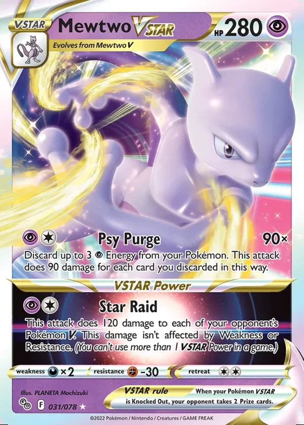 Mewtwo VSTAR 031/078, Pokémon GO English Print with "Play! Pokémon" stamp, card art reference