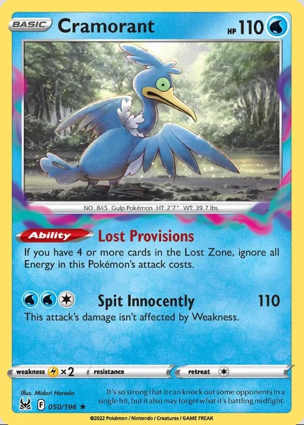Cramorant 050/196, Lost Origin English Print with "Play! Pokémon" stamp, card art reference