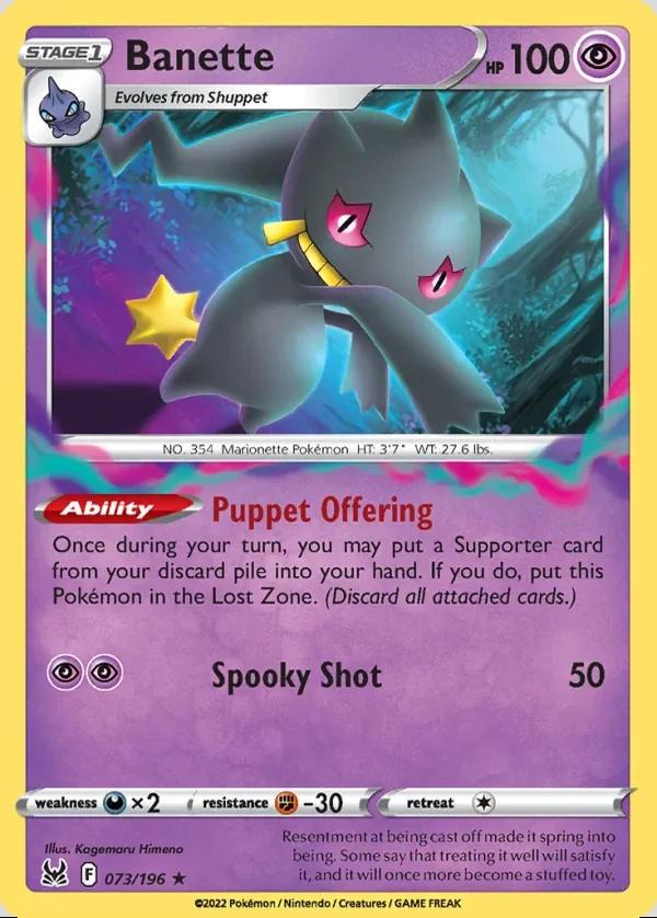 Banette 073/196, Lost Origin English Print with "Play! Pokémon" stamp, card art reference