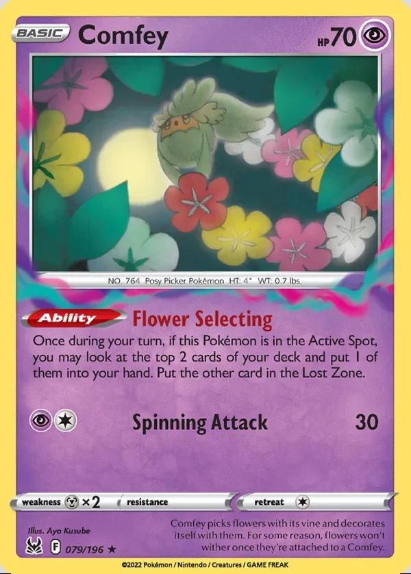 Comfey 079/196, Lost Origin English Print with "Play! Pokémon" stamp, card art reference
