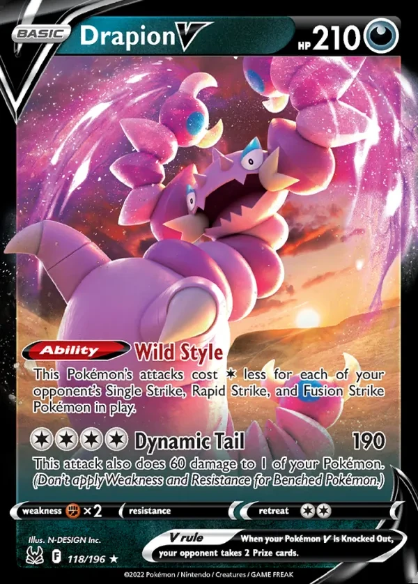 Drapion 118/196, Lost Origin English Print with "Play! Pokémon" stamp, card art reference