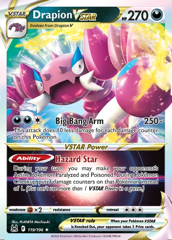 Drapion 119/196, Lost Origin English Print with "Play! Pokémon" stamp, card art reference
