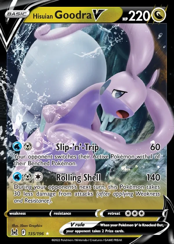Hisuian Goodra 135/196, Lost Origin English Print with "Play! Pokémon" stamp, card art reference