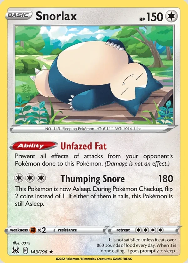 Snorlax 143/196, Lost Origin English Print with "Play! Pokémon" stamp, card art reference
