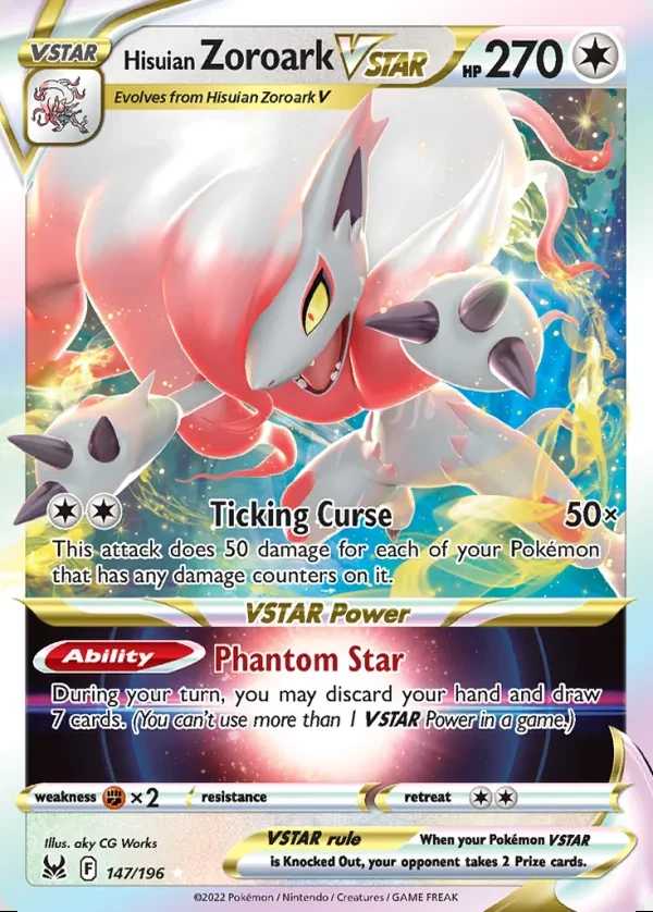 Hisuian Zoroark 147/196, Lost Origin English Print with "Play! Pokémon" stamp, card art reference