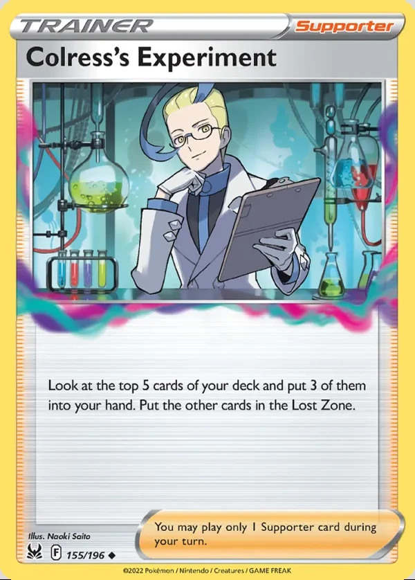 Colress's Experiment 155/196, Lost Origin English Print with "Play! Pokémon" stamp, card art reference