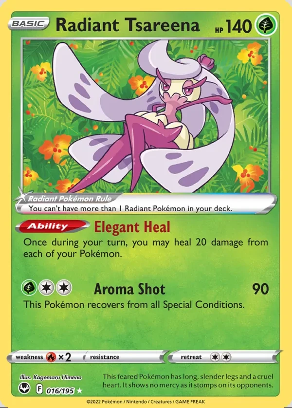 Radiant Tsareena 016/195, Silver Tempest English Print with "Play! Pokémon" stamp, card art reference